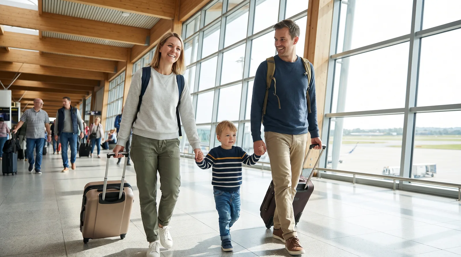famille avec jeune enfant marchant dans un terminal d'aéroport