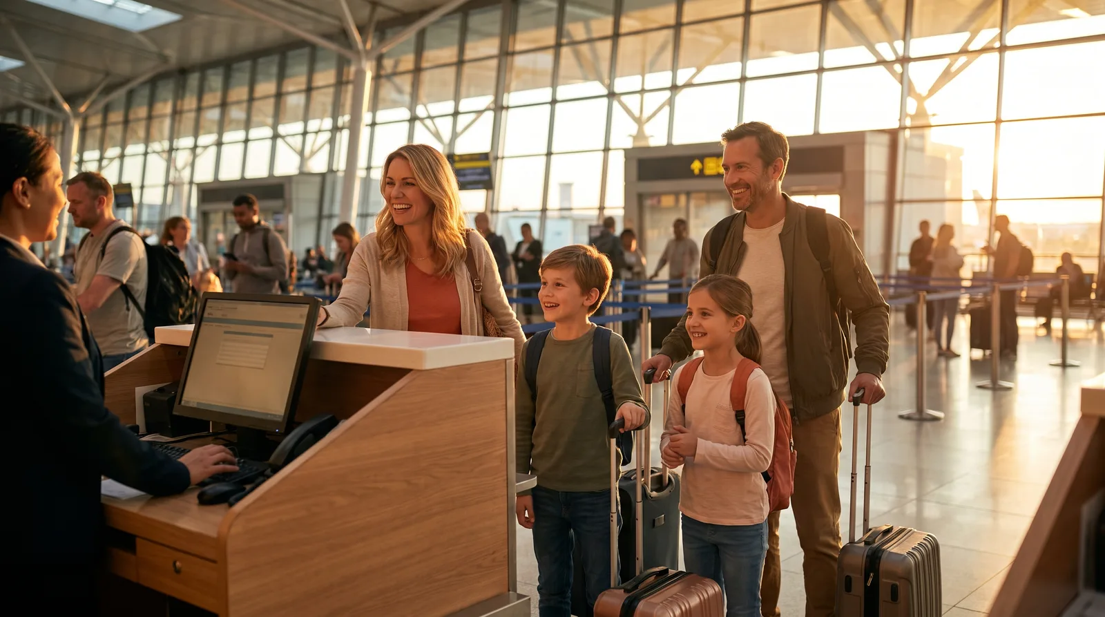 parents et enfants avec valises au comptoir d'enregistrement
